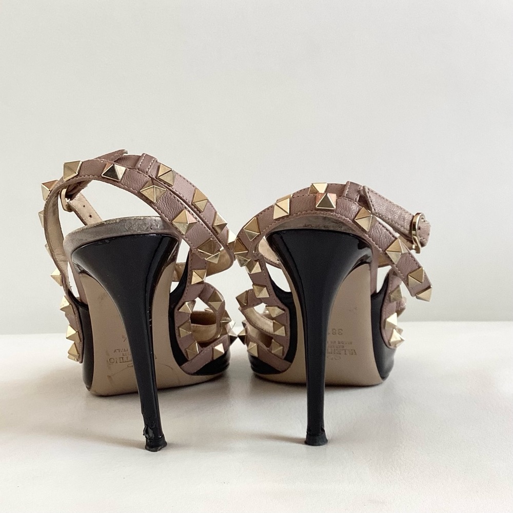 Valentino Garavani Rockstud Black/ Tan Ankle Straps Heels SZ 8.5/38.5 - Picture 5 of 11